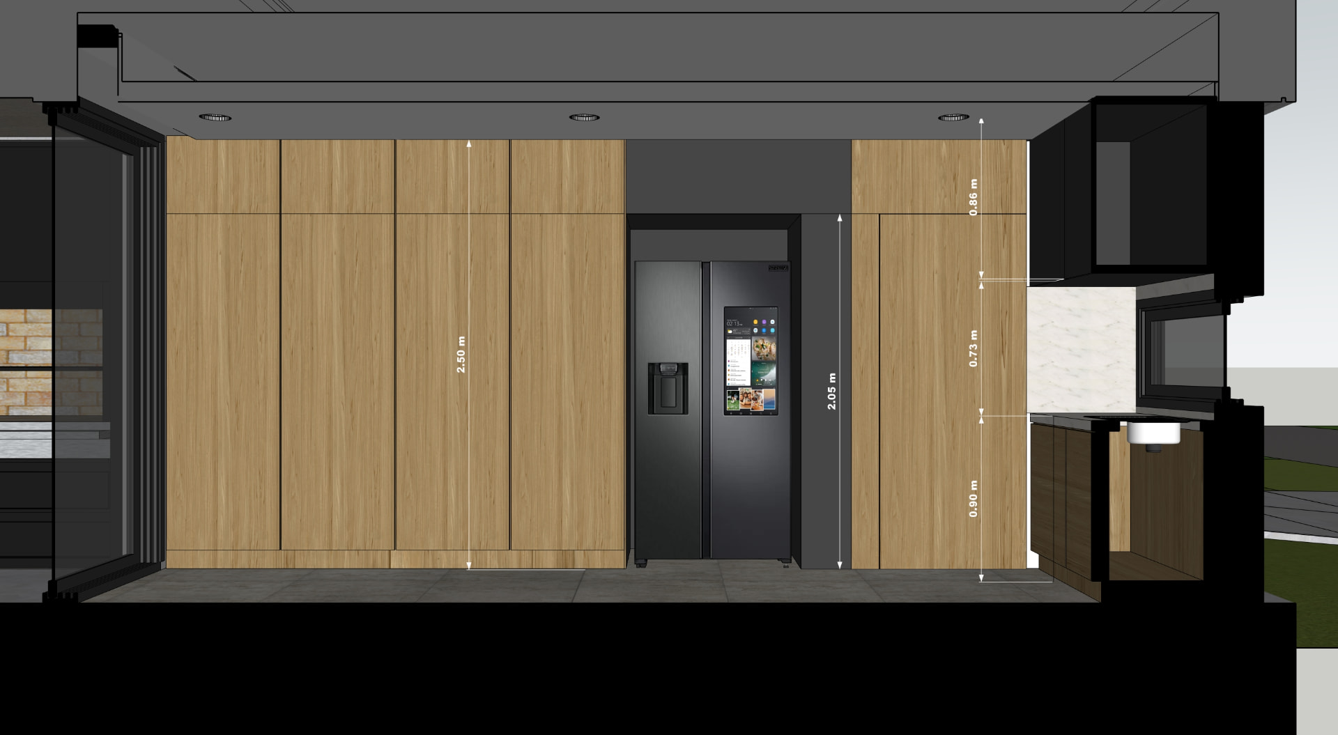 Corte transversal de cocina con alacenas, heladera y mesada