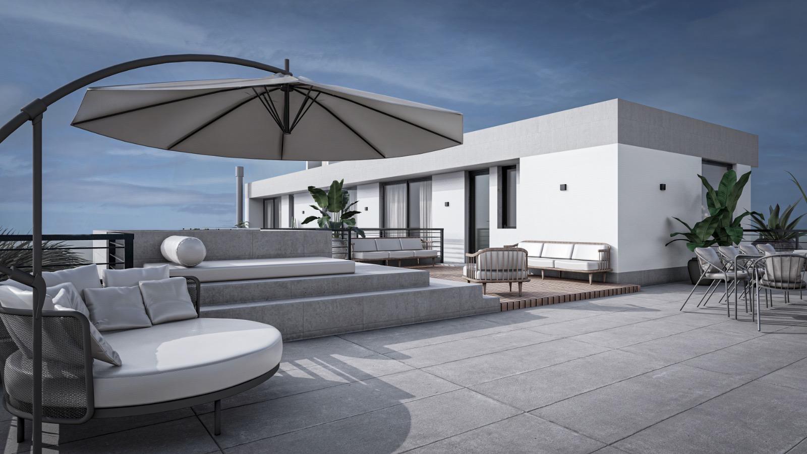 Terraza con living exterior, sombrilla y vegetación en macetas