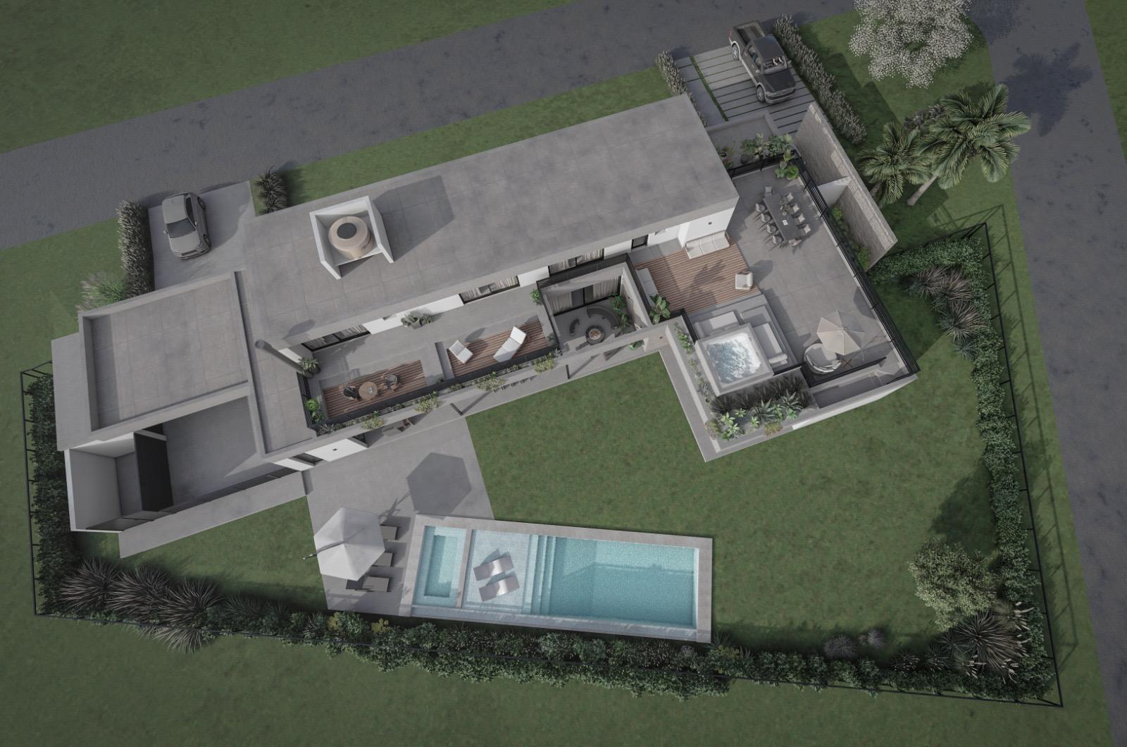 Vista aérea del proyecto de parquización con pileta, galerías y jardín