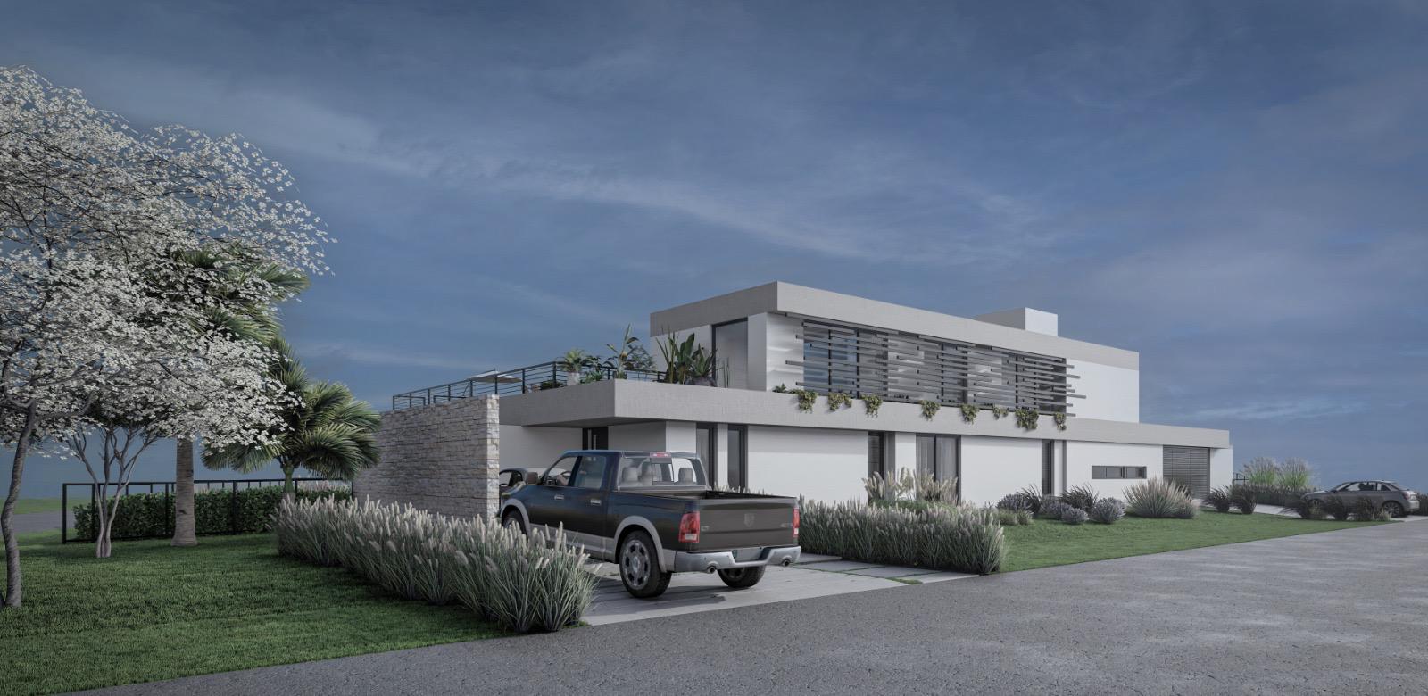 Vivienda con parquización perimetral, árboles de porte y césped