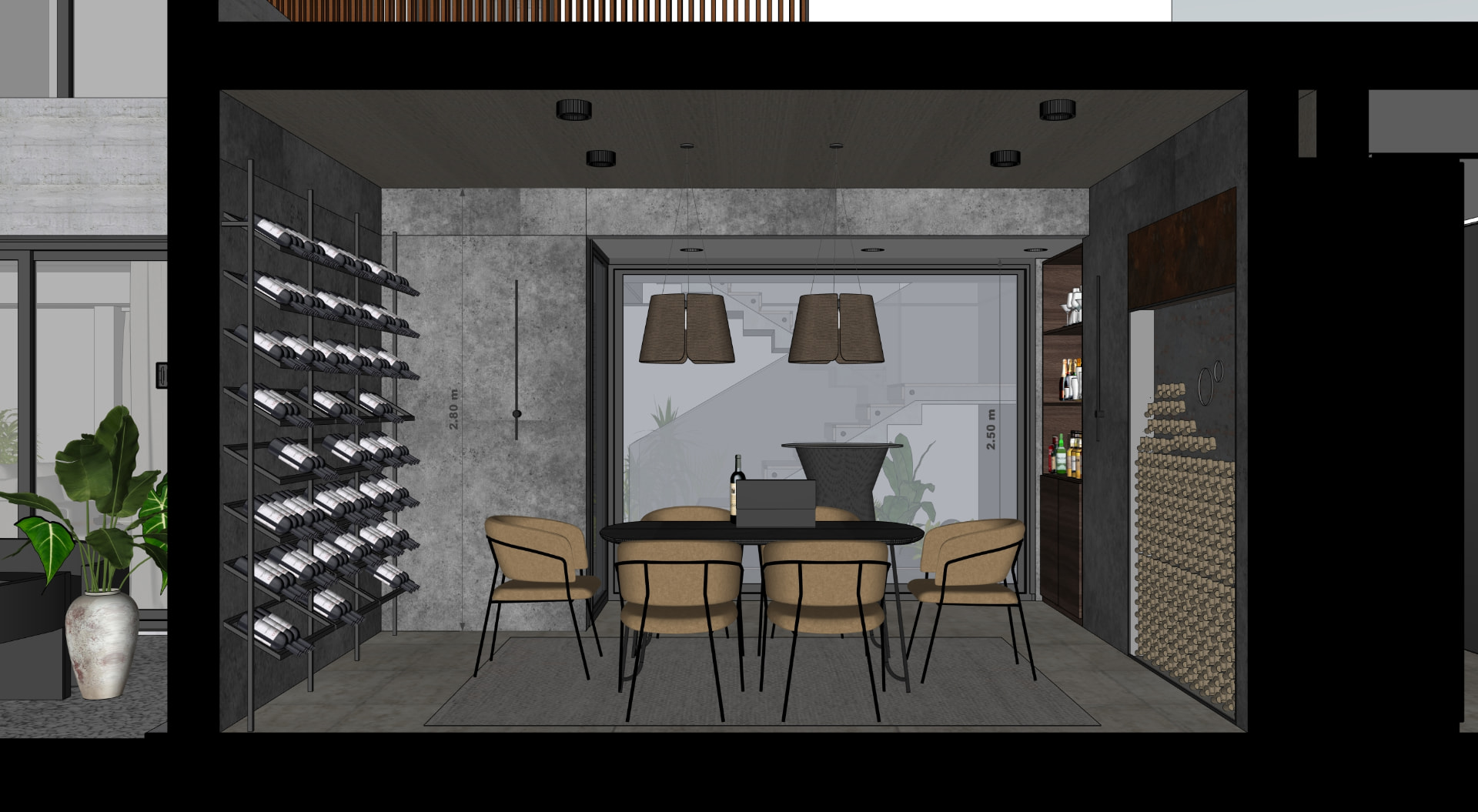 Cava y comedor íntimo con bodega a vista y mobiliario