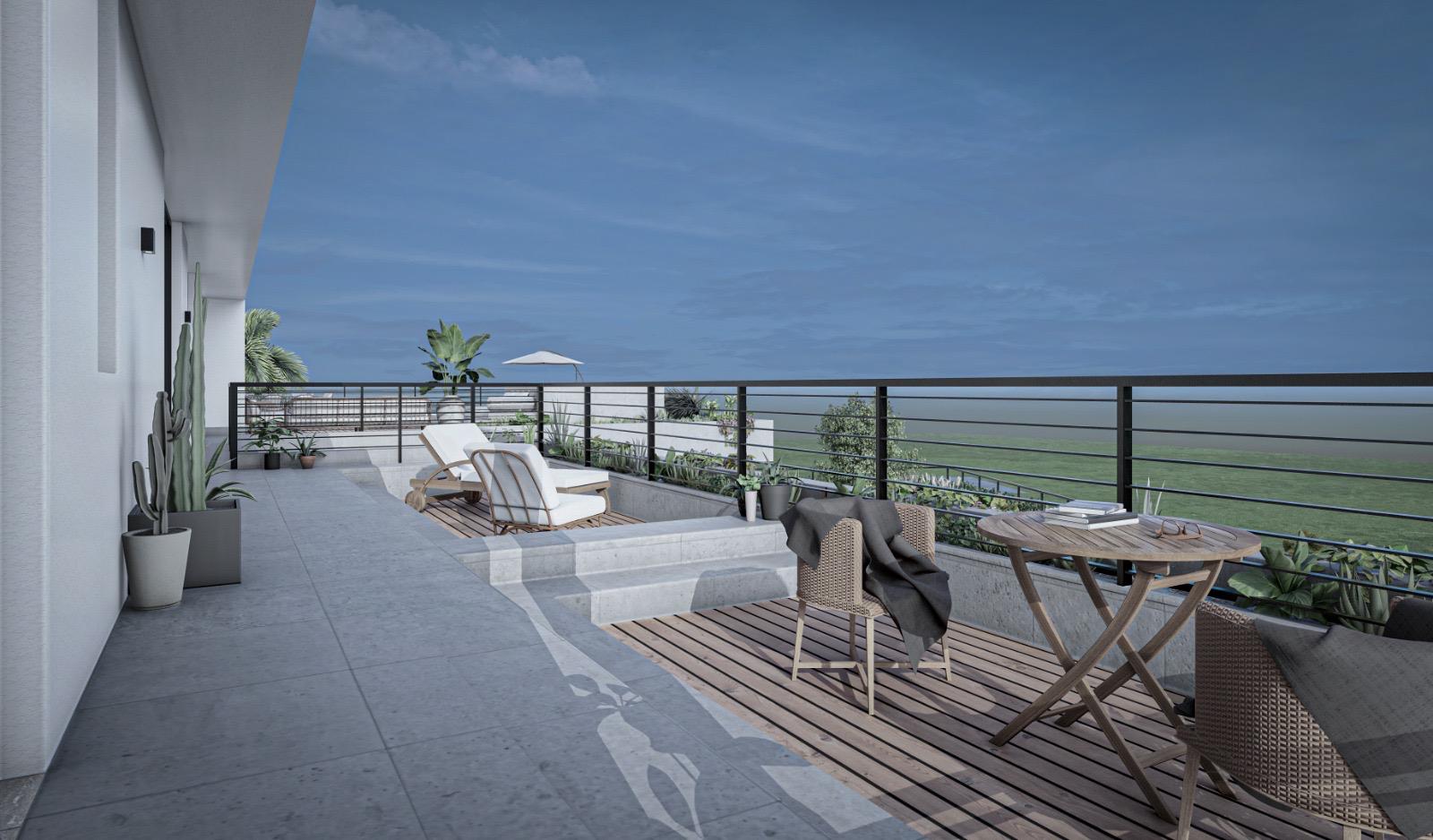 Terraza parquizada con deck de madera, macetas y mobiliario exterior