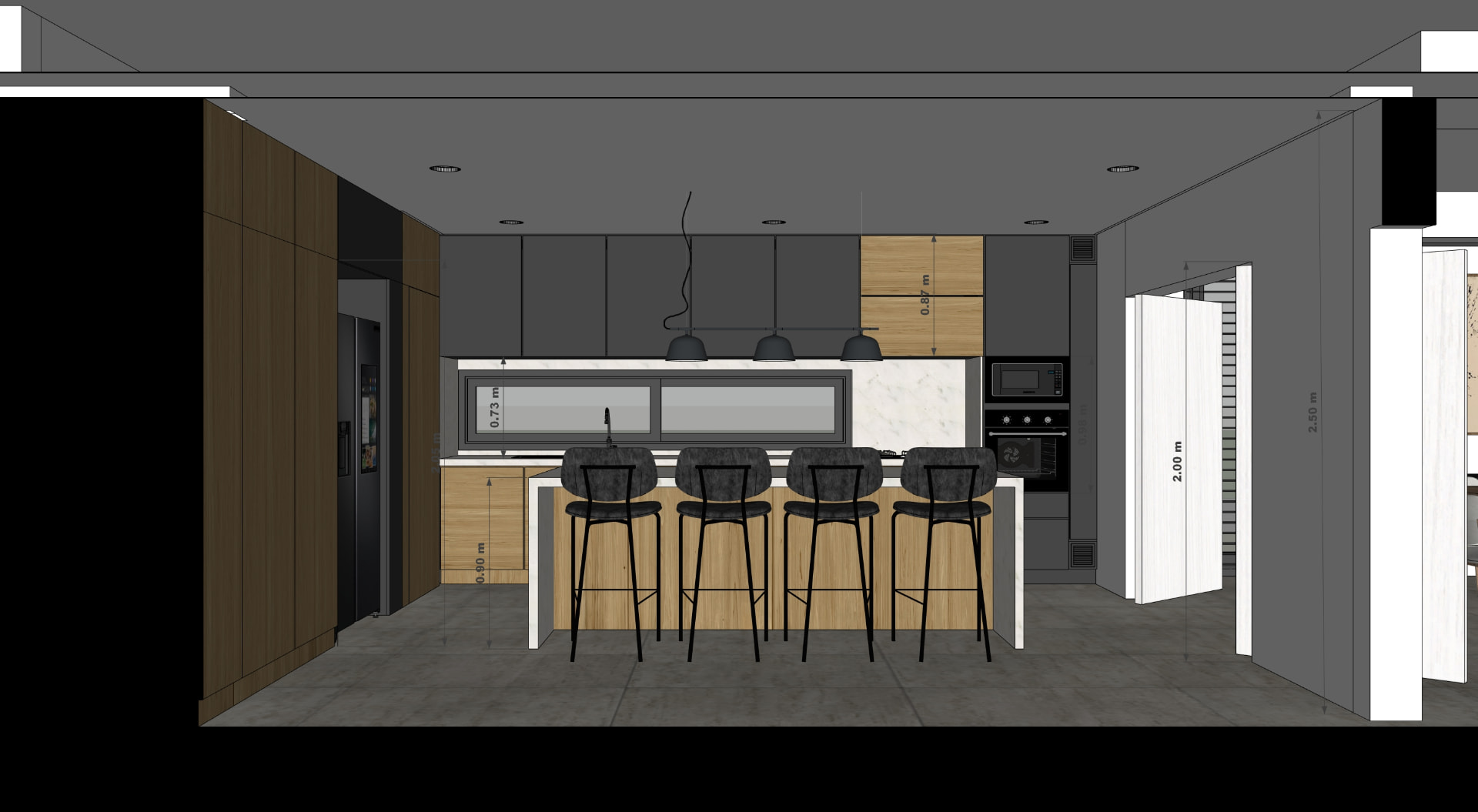 Corte de cocina con isla, mobiliario en madera y grifería